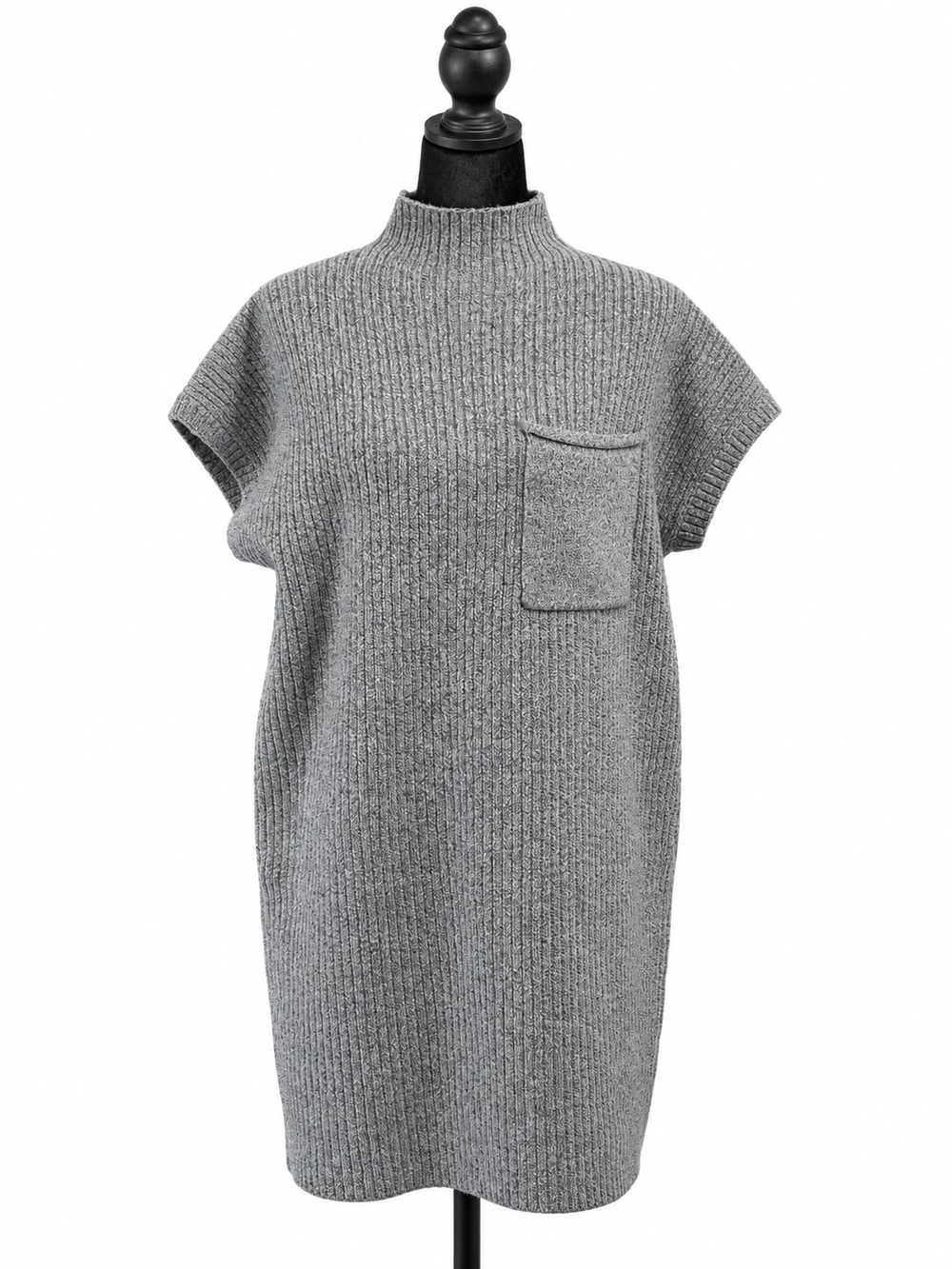 Sleeveless Grey Rib-Knit Midi Dress with Front Pocket By Zenana